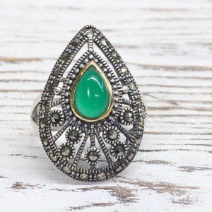 Sterling Silver & 14k Gold Chrysoprase and Marcasite Pear Shaped Ring Size 8.25